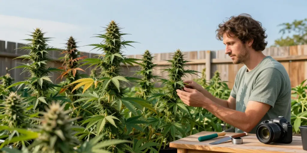 Grower examining autoflower cannabis genetics in a lush garden.