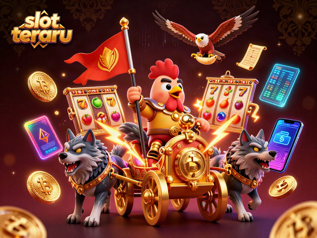 Engage with slot terbaru in an exciting 3D illustration showcasing a rooster warlord and crypto elements.