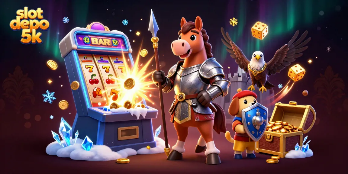Spin to win with slot depo 5k as knights, a puppy, and a falcon celebrate a jackpot!