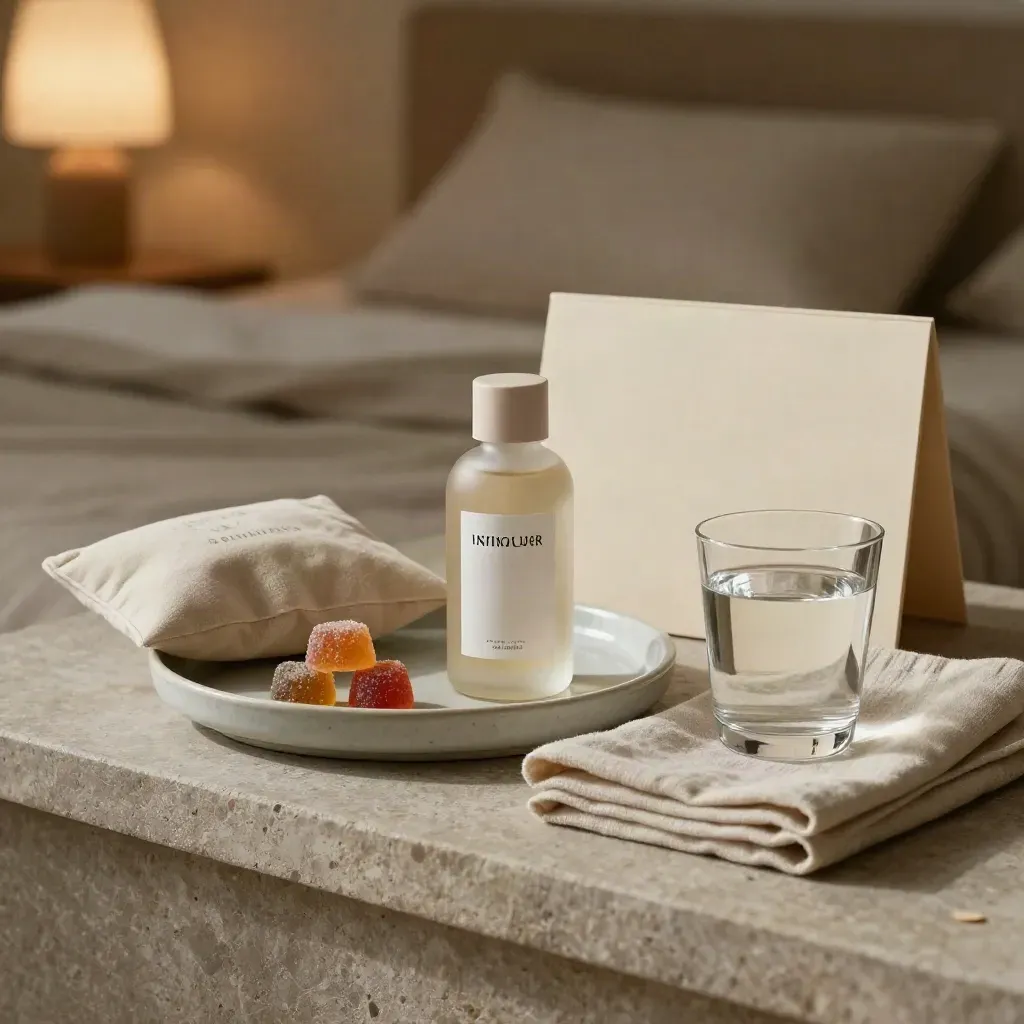 Sleep CBD tincture and gummies on a bedside stone ledge with water and linen