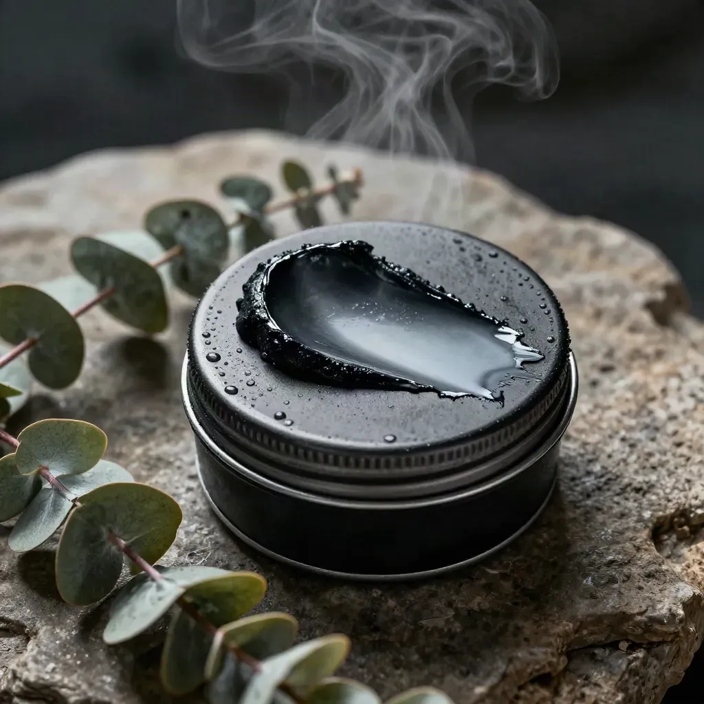 Macro balm tin on wet basalt with eucalyptus and steam