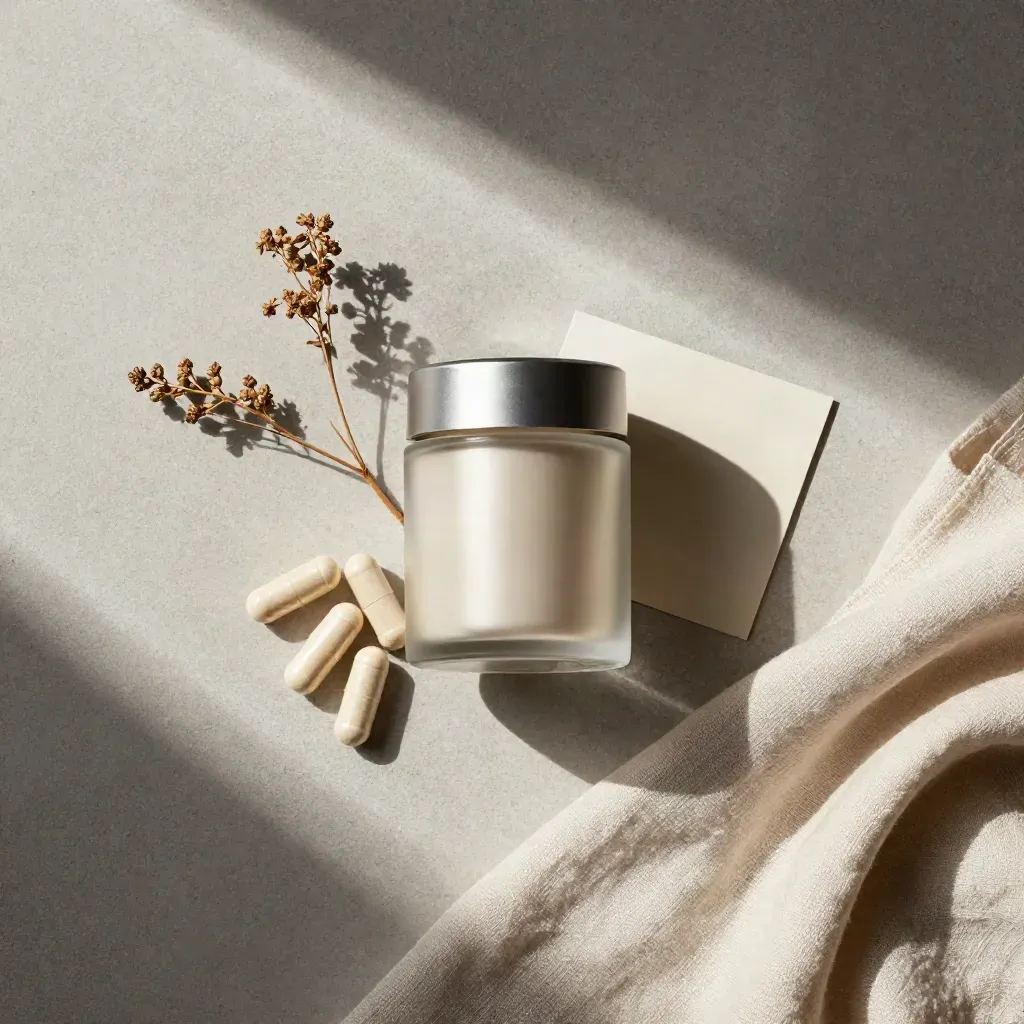 Overhead flatlay of a CBD capsule jar with capsules, muslin, and dried botanicals on pale concrete.