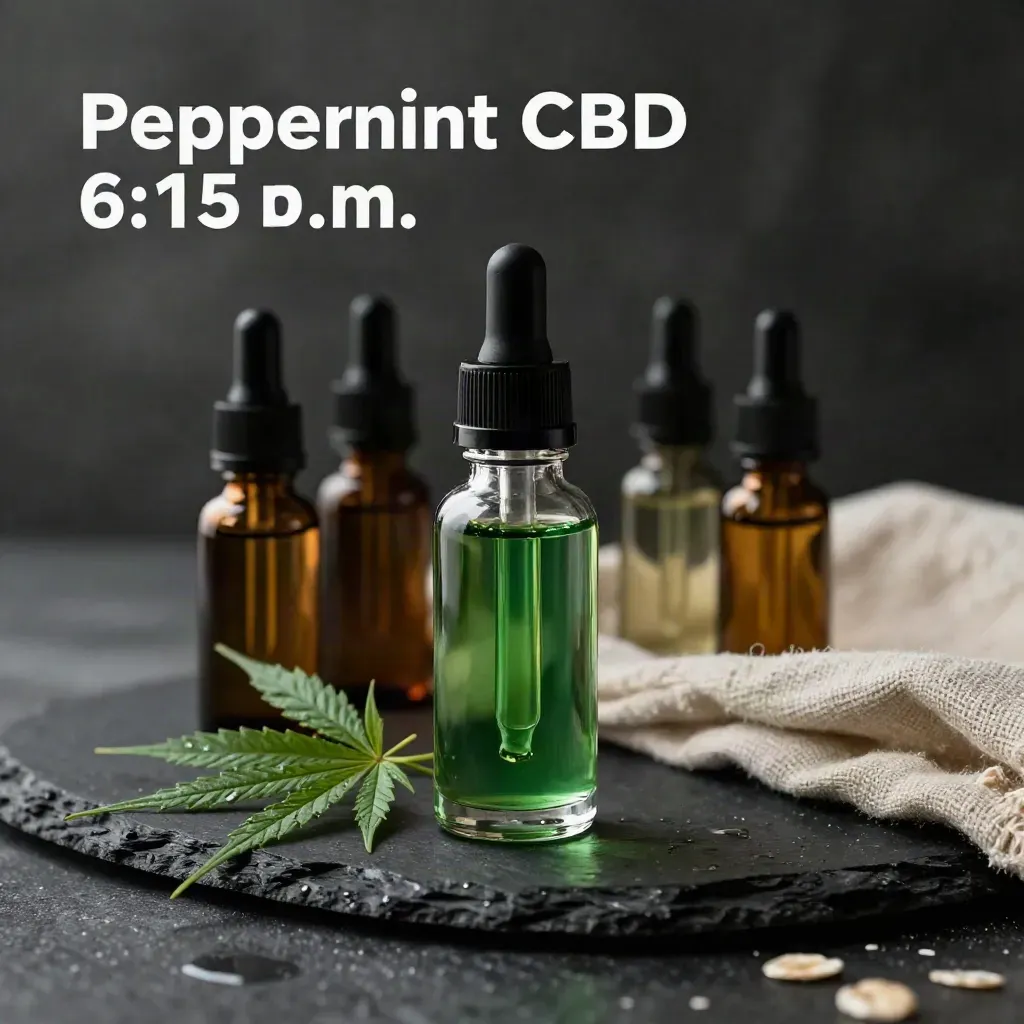 Peppermint CBD tincture bottle with amber wellness bottles, hemp leaves, and linen on dark slate