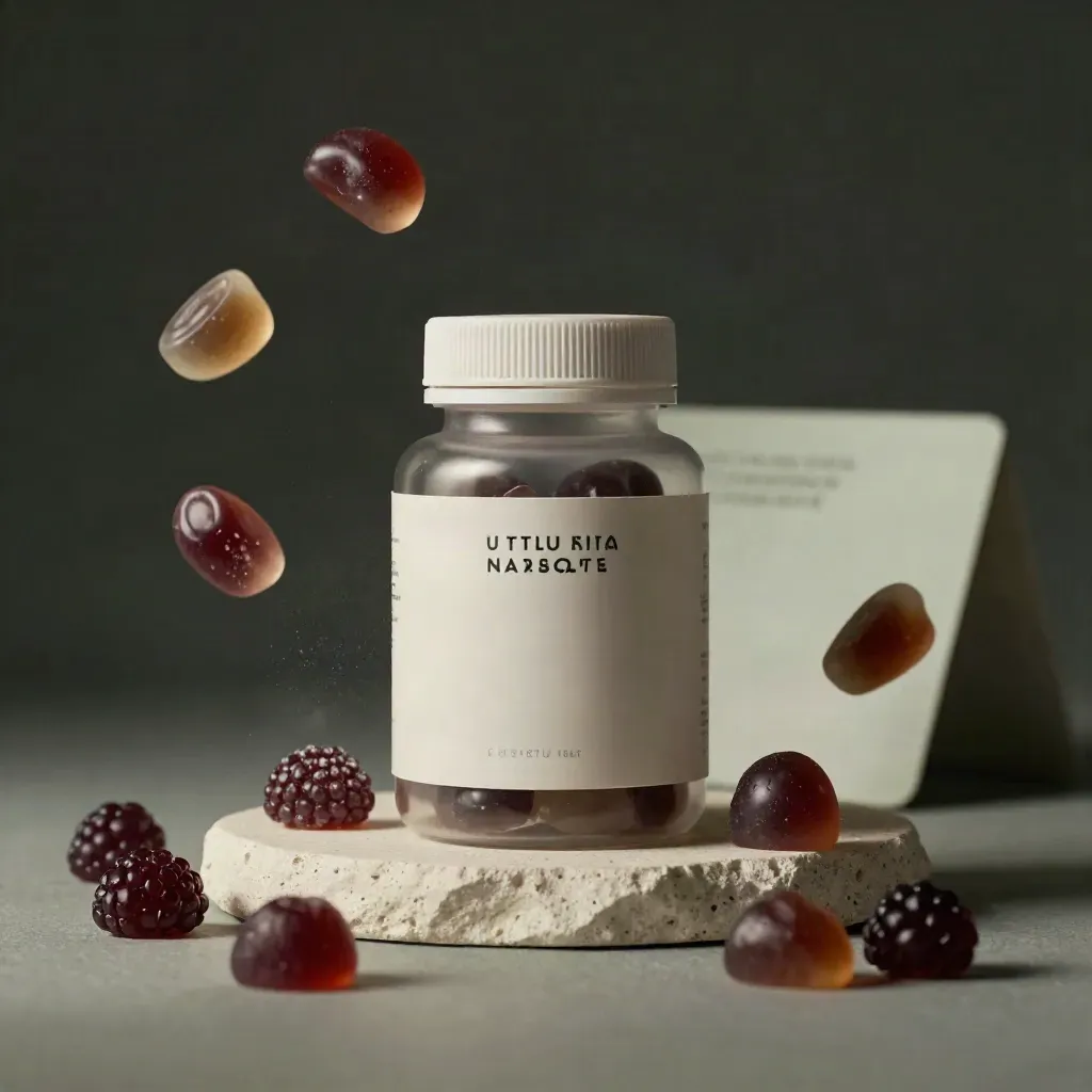 Unbranded sleep gummies jar on stone with suspended berry gummies in dark atmospheric studio light