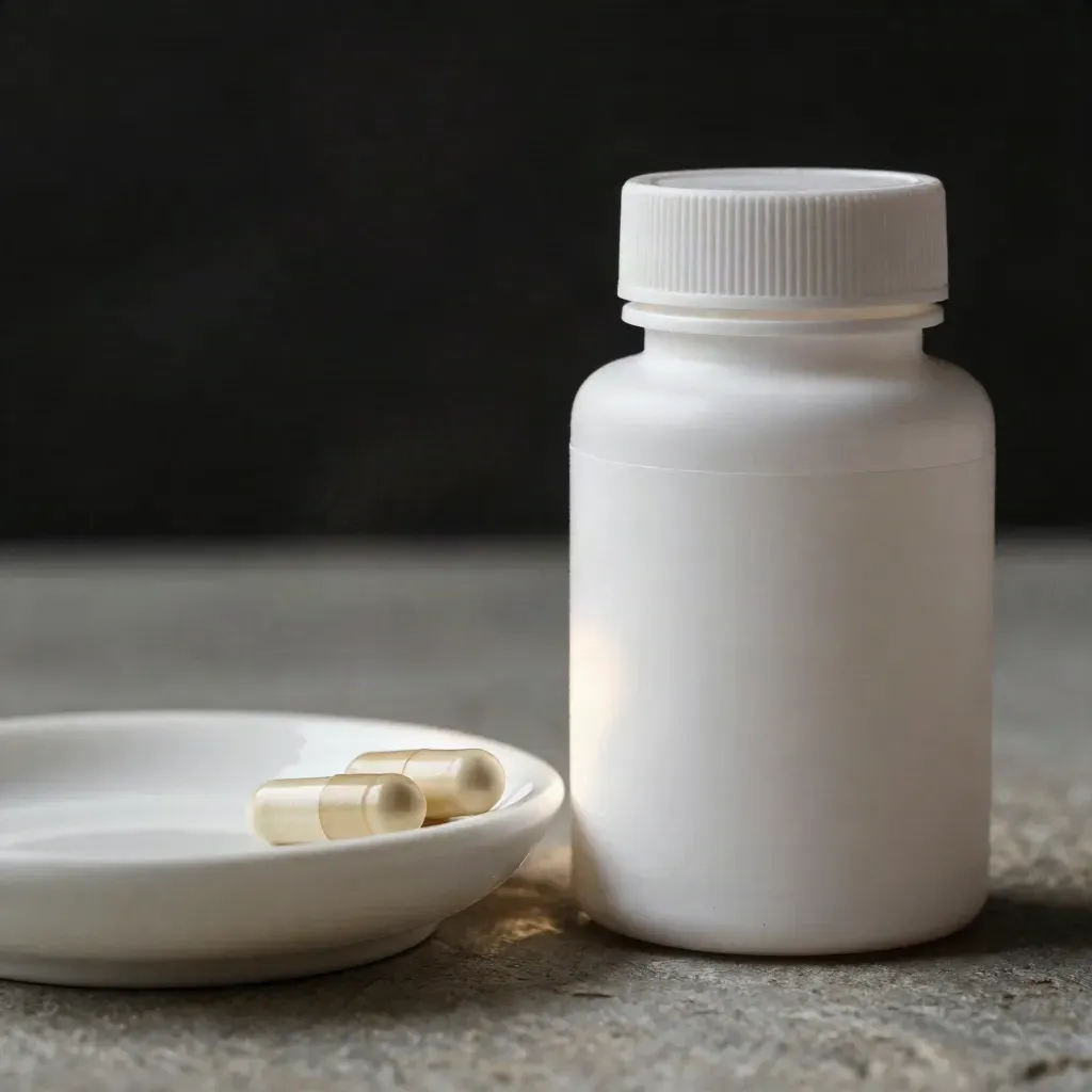 Macro of a sleep capsule bottle beside a ceramic dish and two capsules on brushed stone.