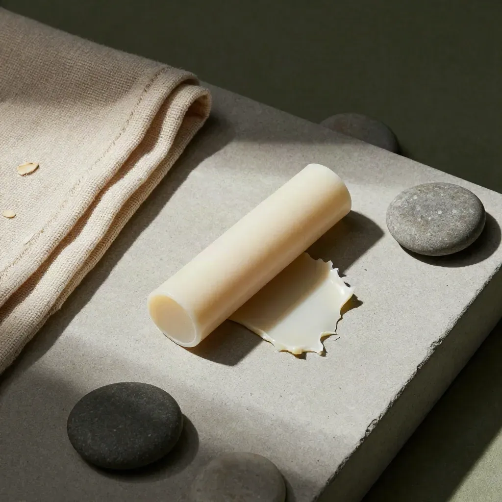 Top-down CBD salve stick, wax shavings, folded cloth and river pebbles on pale stone.