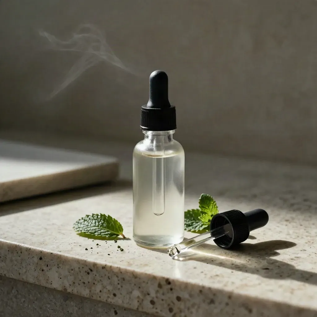 Peppermint tincture bottle with dropper, crushed mint leaves, and a liquid bead on travertine.
