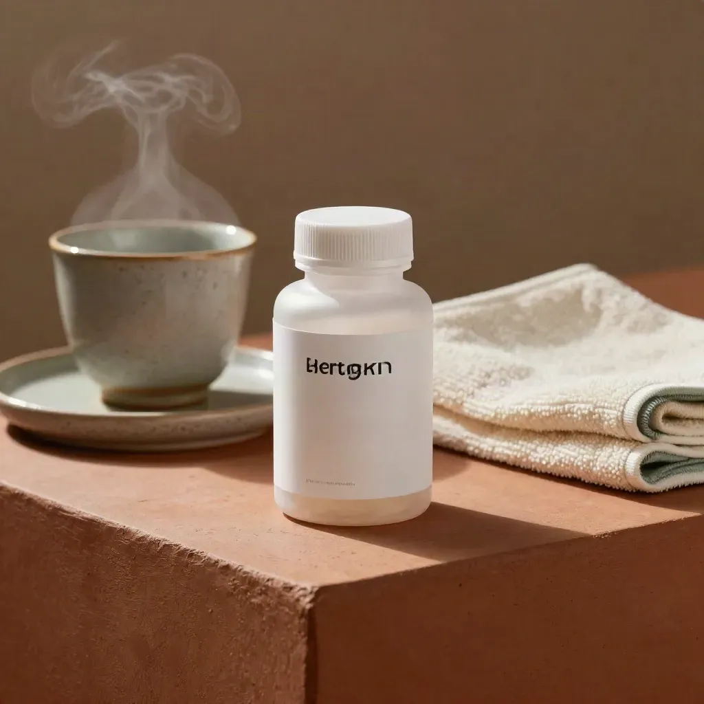 Unbranded softgels bottle beside a chipped cup, folded towel, and matte tray in morning light.