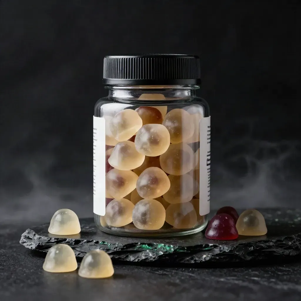 Unbranded stress gummies jar with floating gummies on a dark stone slab in dramatic studio light