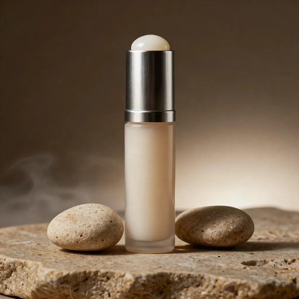 Slim recovery roll-on with balm smear and pebbles on warm stone, lit by a bright rim.