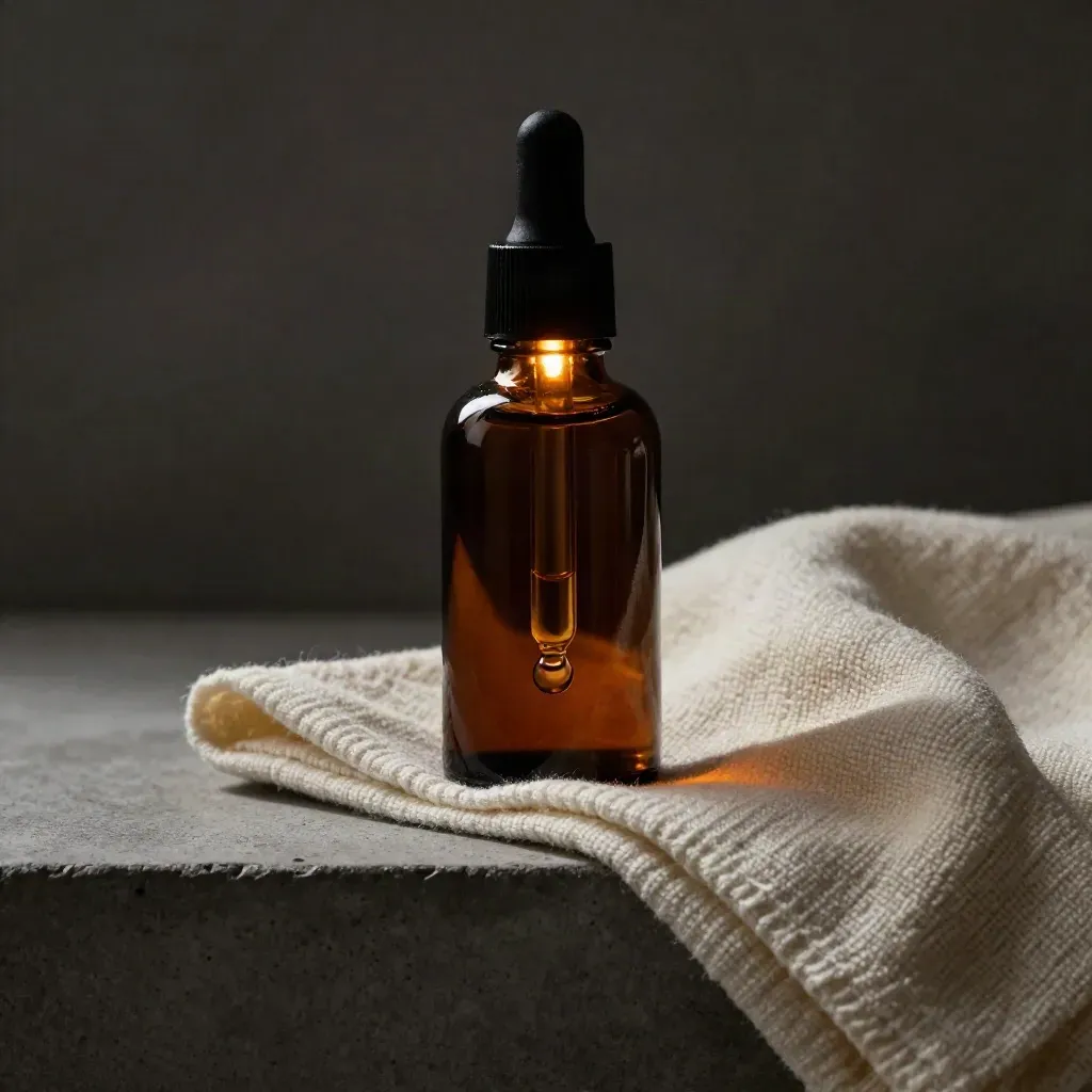 Dark amber CBD night oil bottle glowing beside a folded wool cloth and a hanging droplet.