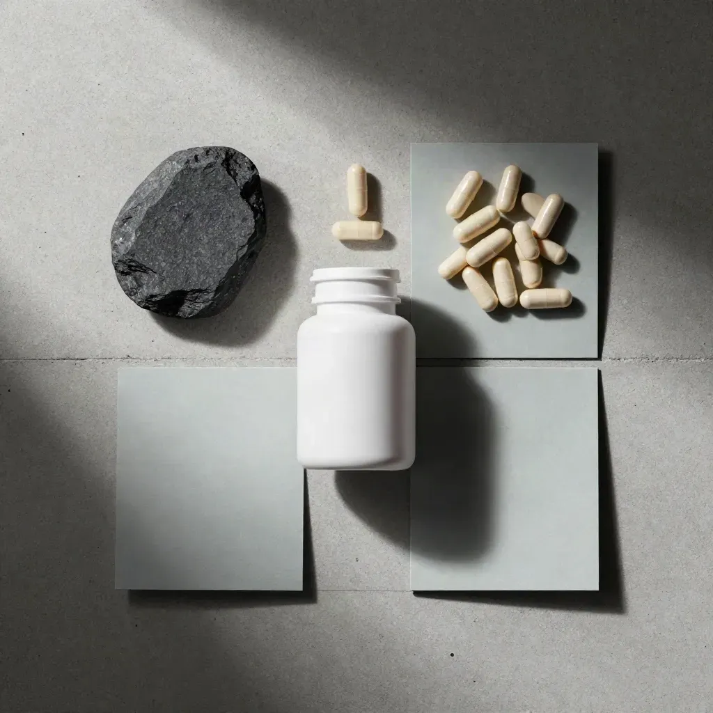 Unbranded focus capsules bottle with capsules, graphite stone, and folded paper on concrete.