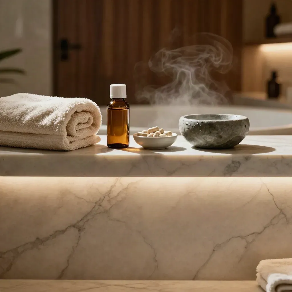 Steam-filled spa marble shelf with towel, amber CBD bottle, capsules, and a dim doorway.