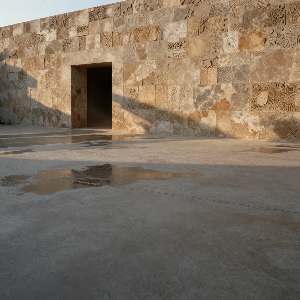Sunlit concrete terrace with carved stone wall, doorway, and damp floor after rain.