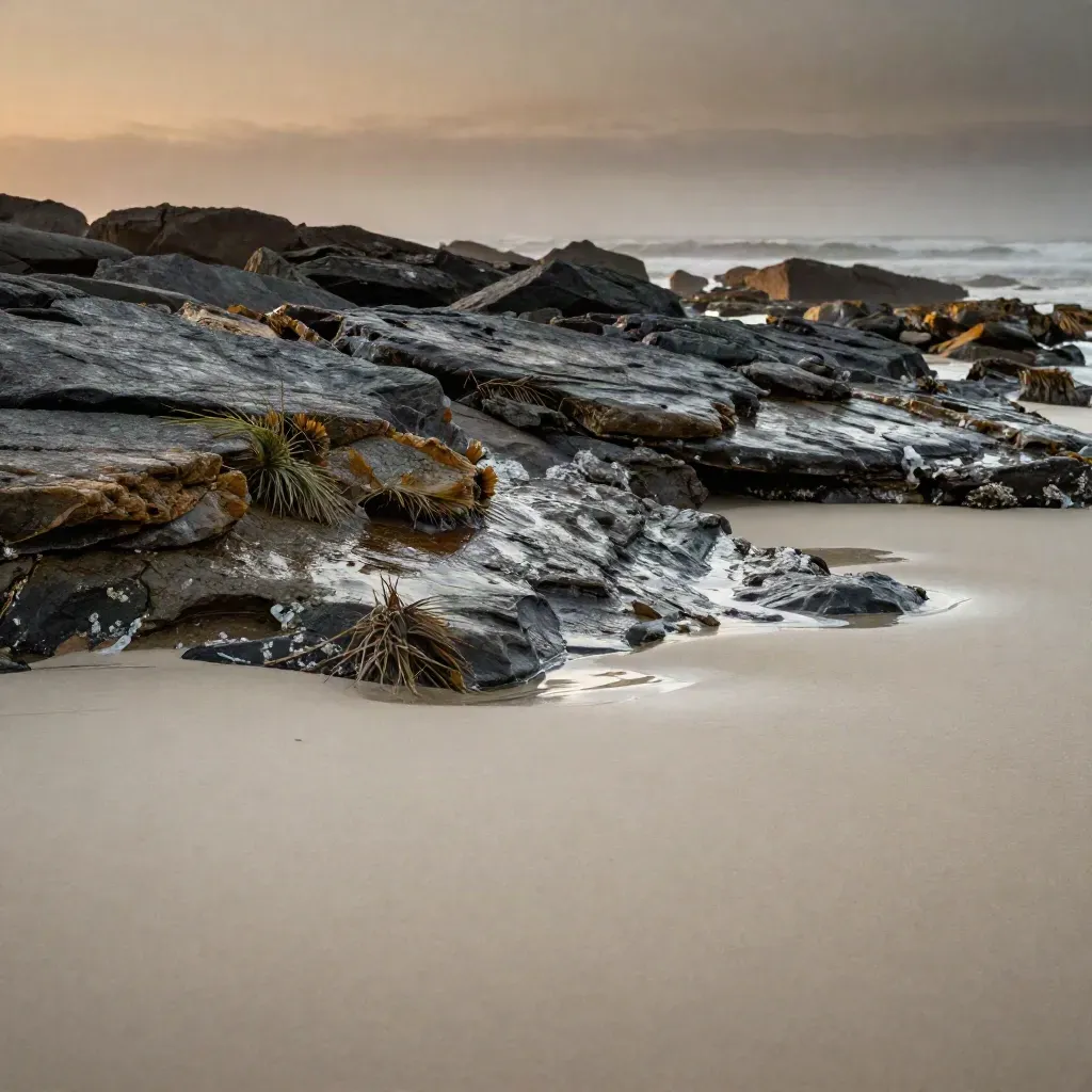 Sunlit coastal rock shelf with tide foam and sea grass under a hazy sunset