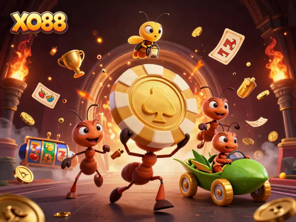 Engage with XO88's thrilling world of gambling through an exciting ants heist scene.