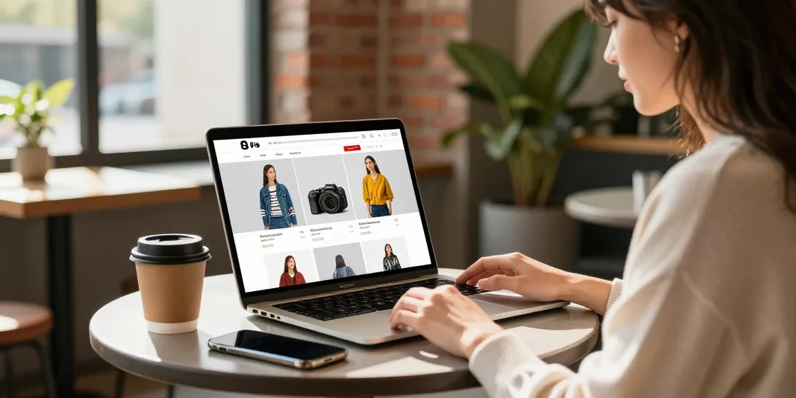 Shopper exploring high-quality 레플리카 fashion items on a laptop in an urban café.
