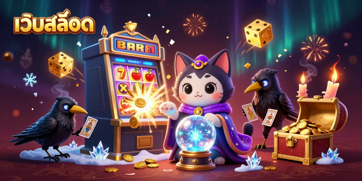 Engage with เว็บสล็อต through a vibrant 3D fantasy scene featuring colorful slot machines, mystic characters, and exciting casino elements.