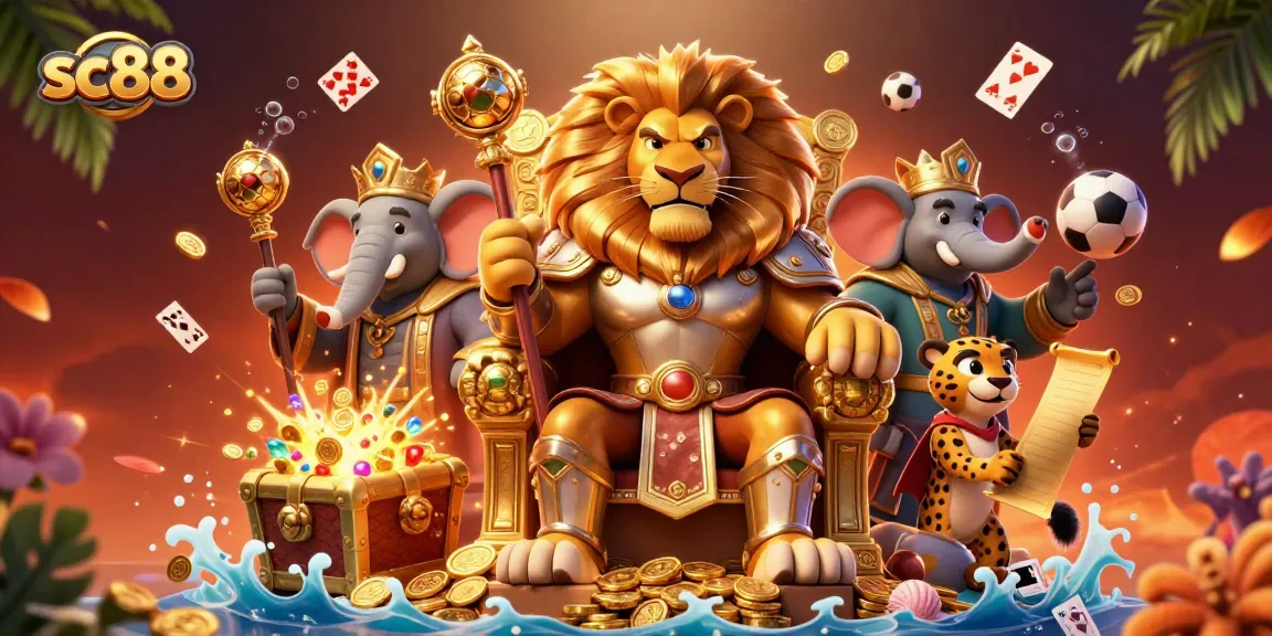 Experience the excitement of sc88 with dynamic betting opportunities, illustrated by a lion king on a throne.