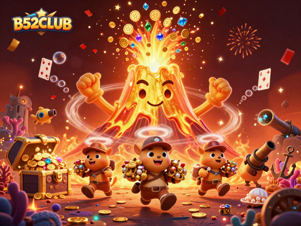 B52CLUB displays vibrant golden treasures and thrilling action in a dynamic casino-themed illustration.