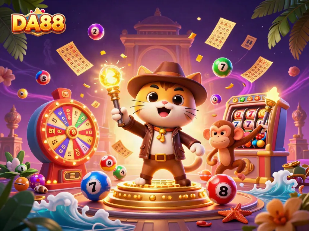 DA88 slots adventure with a cat explorer and a monkey finding treasures in a vibrant casino temple