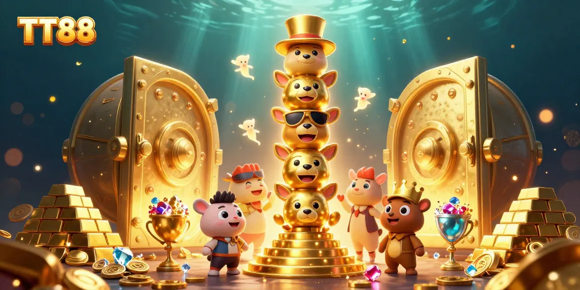 Win big with TT88 in a vibrant 3D casino scene brimming with treasures and excitement.