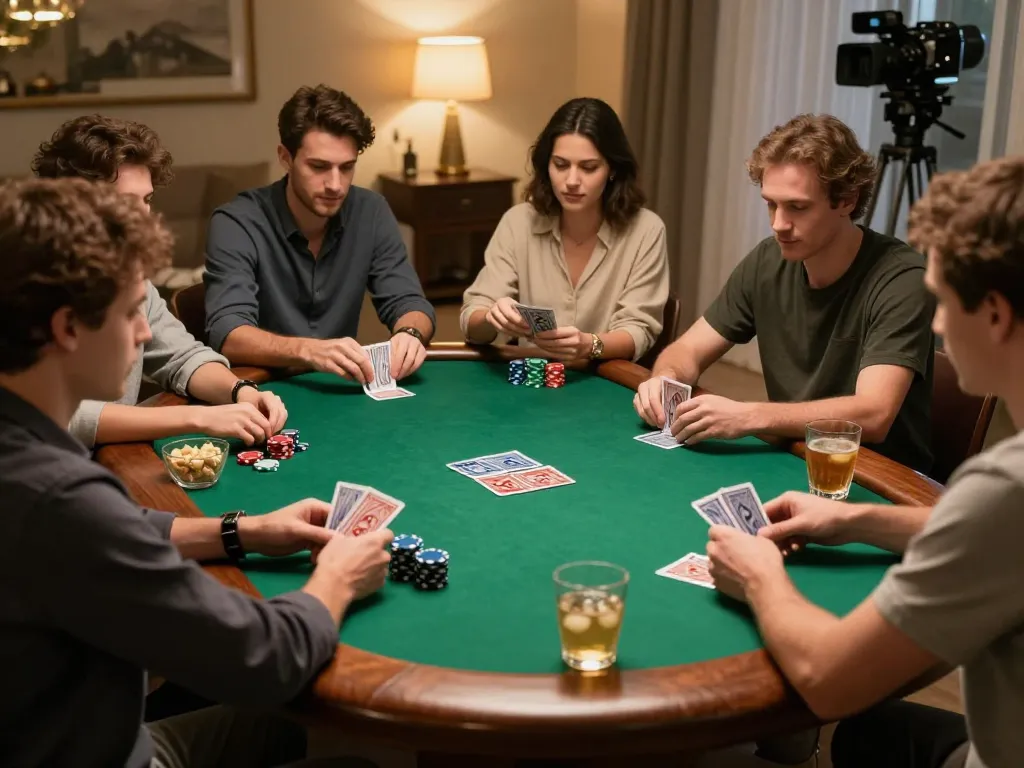 FLY88 players enjoying an exciting poker game atmosphere with chips and cards on the table.