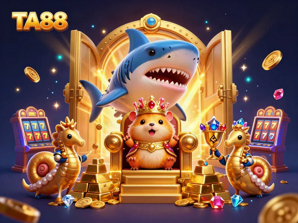 Experience the excitement of TA88 with a golden hamster king amidst treasure-filled casino elements.