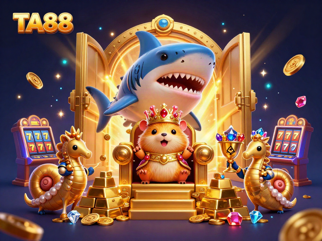 Experience the excitement of TA88 with a golden hamster king amidst treasure-filled casino elements.