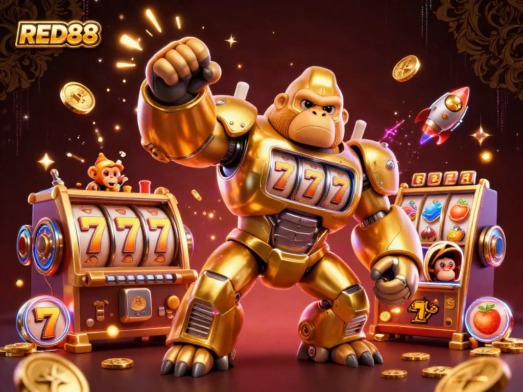 Experience the thrilling slots action with RED88's golden gorilla mech bursting with coins and jackpot excitement.