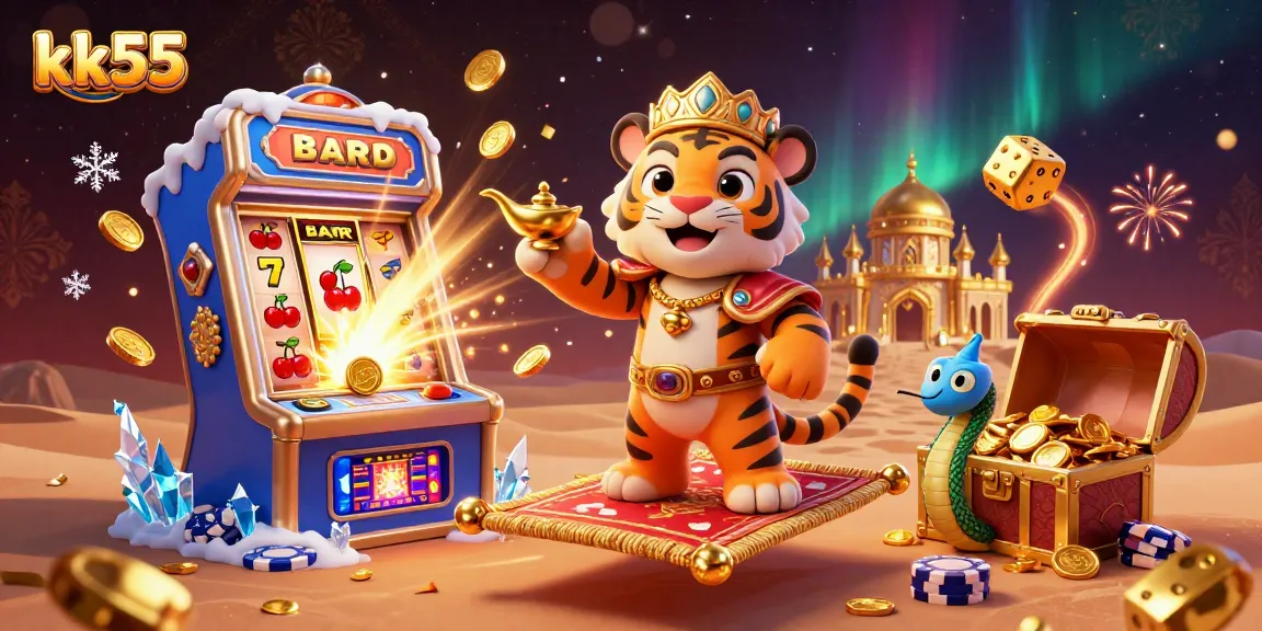 Join the adventure with kk55, featuring a vibrant 3D scene of a flying tiger sultan surrounded by slot elements.