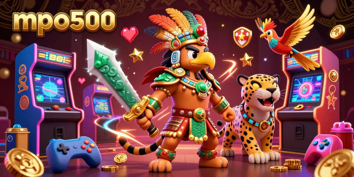 MPO500 players engage with vibrant casino elements including arcade machines and gold coins.
