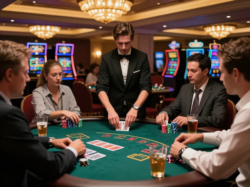 Engaged players at an elegant blackjack table in a casino, showcasing strategic gameplay at 388bet.