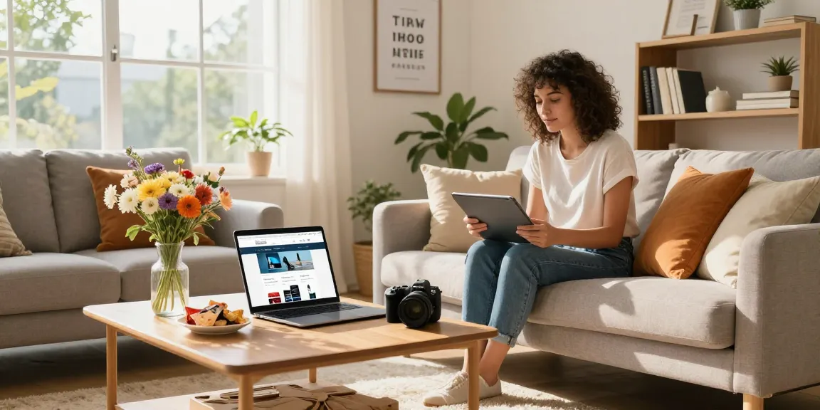 Engaging modern e-commerce shopping scene with a tablet on a cozy living room couch, capturing the joy of online shopping at https://forumup.org/shop/search.php?ca_id=&addr1=&addr2=&addr3=&schKeyword=