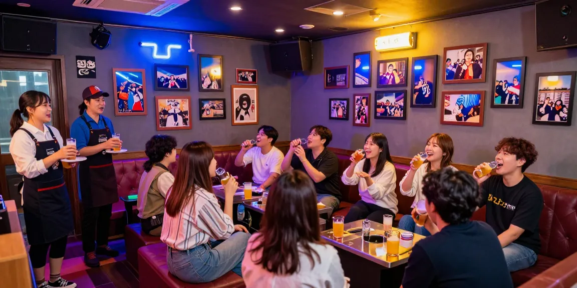 Enjoying 제주유흥 in a vibrant karaoke room filled with laughter and neon lights.