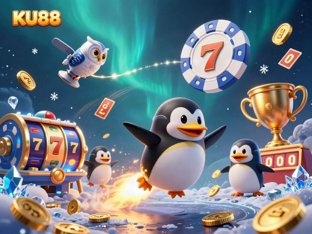 Experience thrilling gameplay with KU88's dynamic slot machine illustration featuring a golden penguin and vibrant gambling elements.