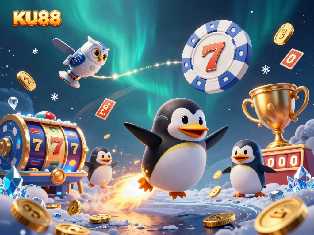 Experience thrilling gameplay with KU88's dynamic slot machine illustration featuring a golden penguin and vibrant gambling elements.