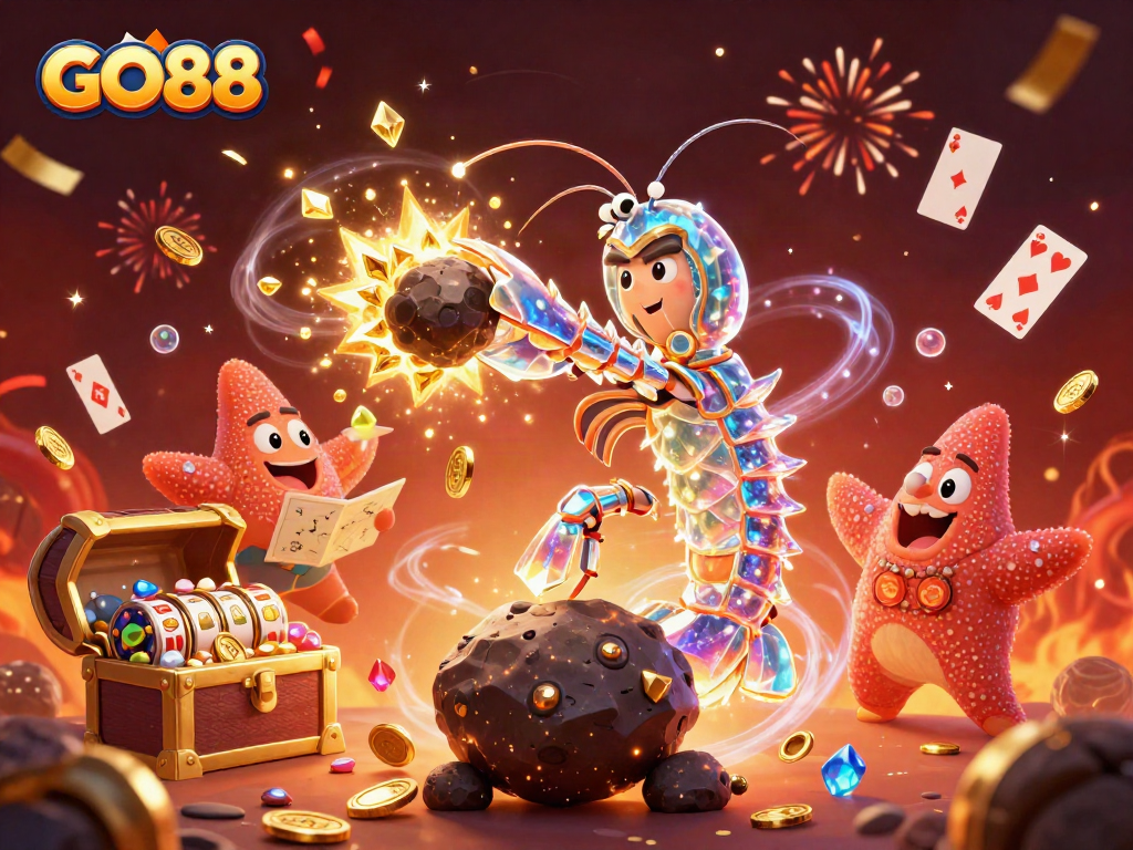 Experience the thrill of GO88 casino with a vibrant 3D illustration featuring explosive gems and casino elements.