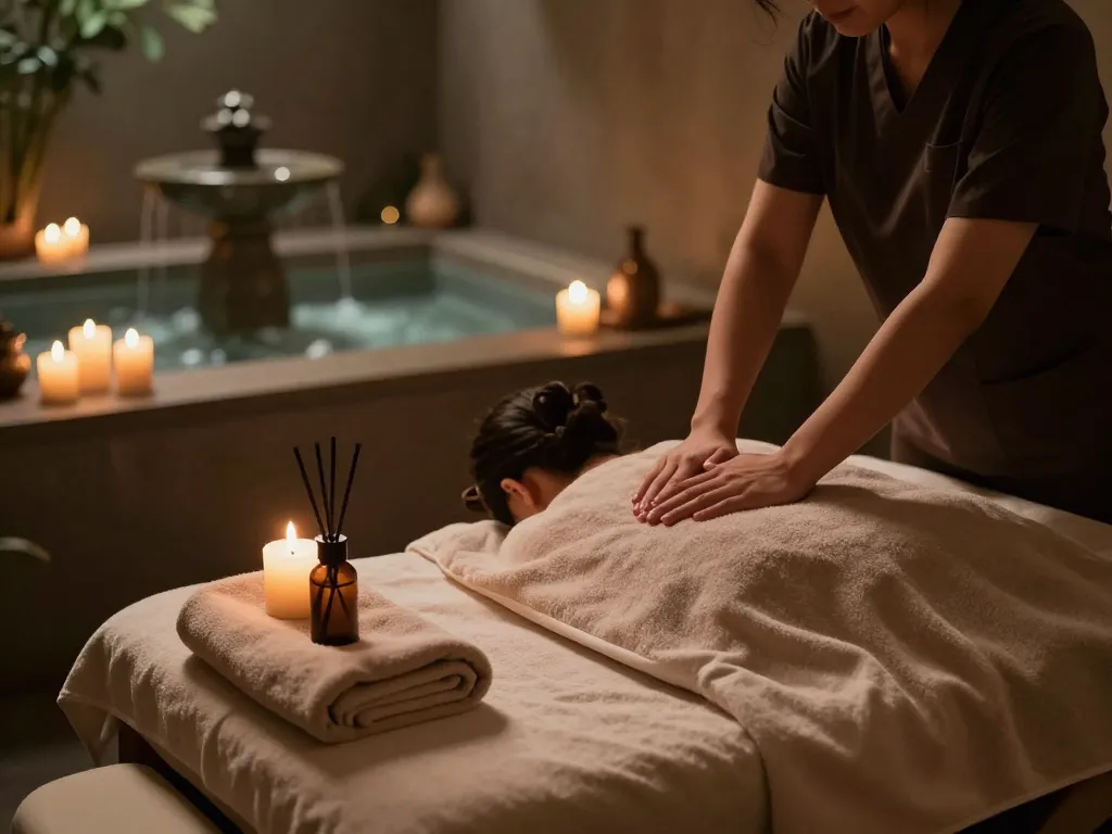 Massage therapy room set for a calming массаж experience with ambient lighting and relaxing elements.