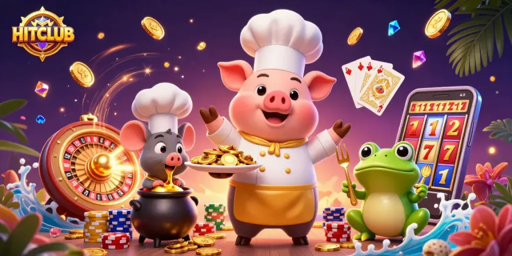 Experience the excitement of HITCLUB with gold coins and vibrant casino games in a dynamic 3D illustration.