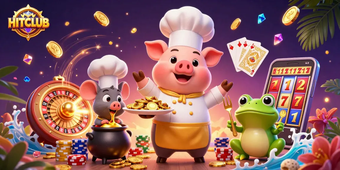 Experience the excitement of HITCLUB with gold coins and vibrant casino games in a dynamic 3D illustration.