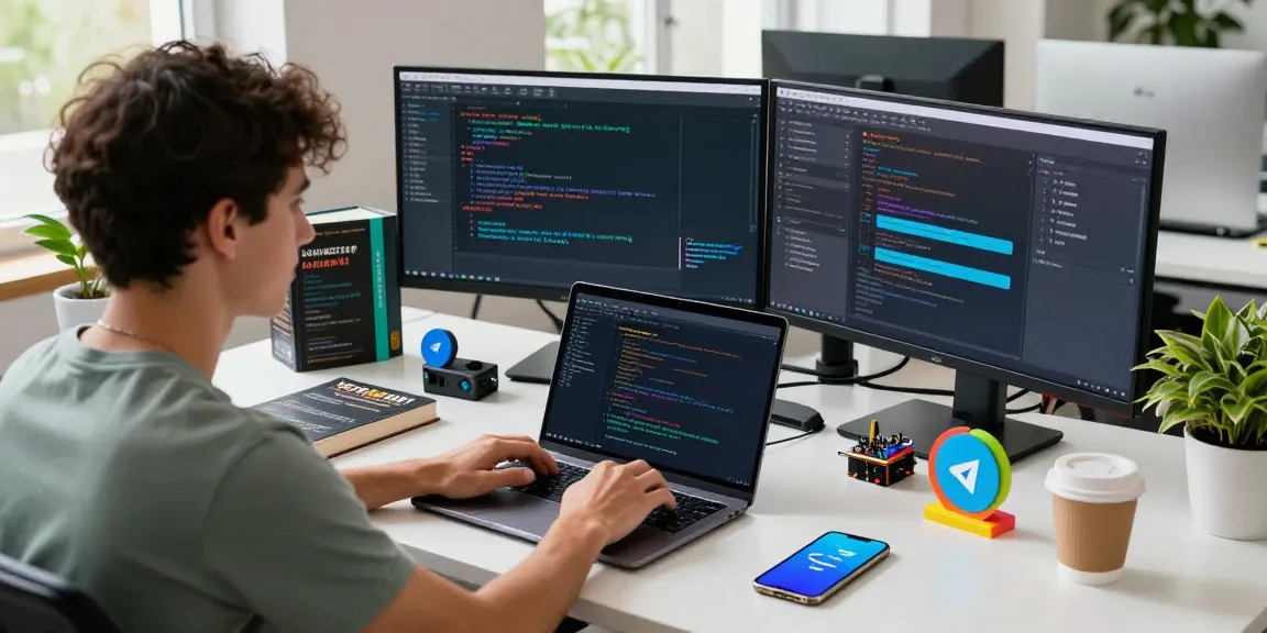 Developer coding on Telegram官网 APIs in a modern workspace filled with gadgets.