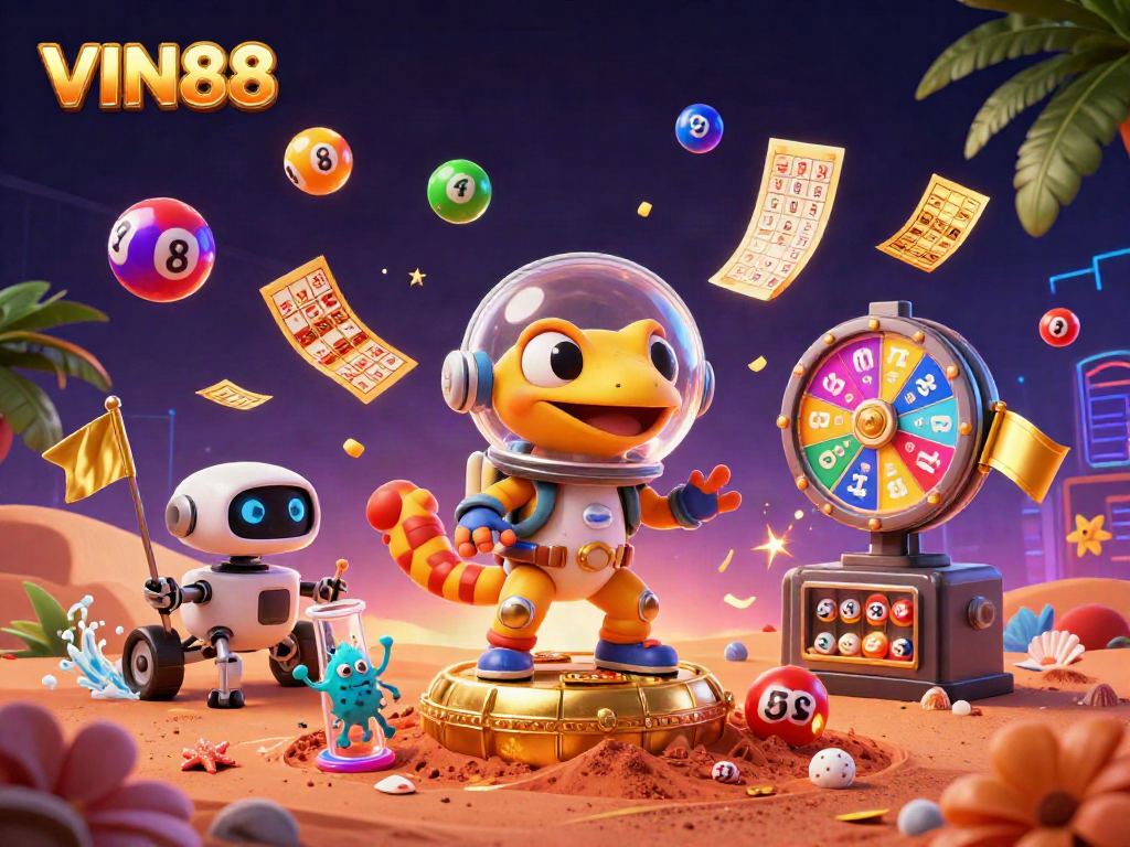 Explore VIN88’s vibrant casino world with a Martian gecko discovering treasures in an alien setting.
