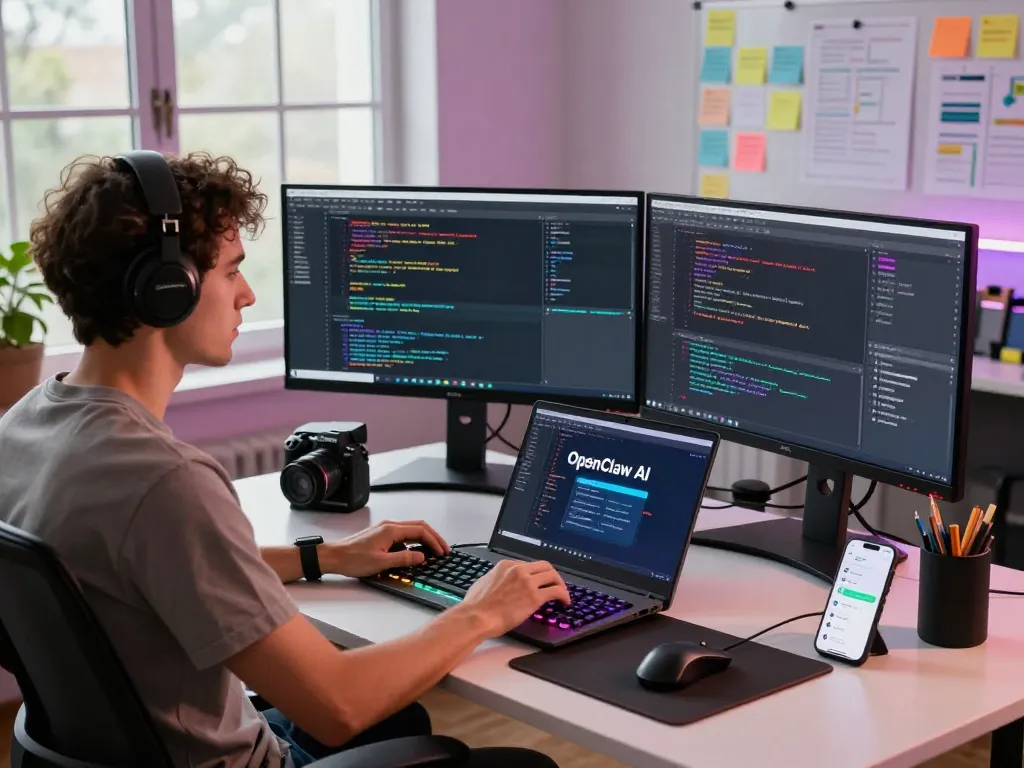 Developer using OpenClaw in a vibrant software workspace with multiple screens and tech gadgets.