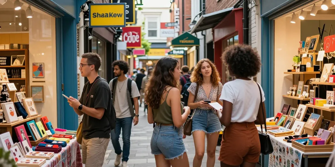 Friends enjoying shopping experience at https://forumup.org/shop/search.php?ca_id=&addr1=&addr2=&addr3=&schKeyword, with colorful storefronts and vibrant atmosphere.