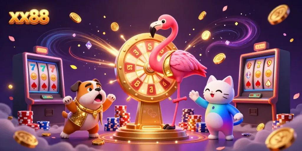 Experience excitement at xx88 with a flamingo host, a bulldog contestant, and coin-filled prizes.