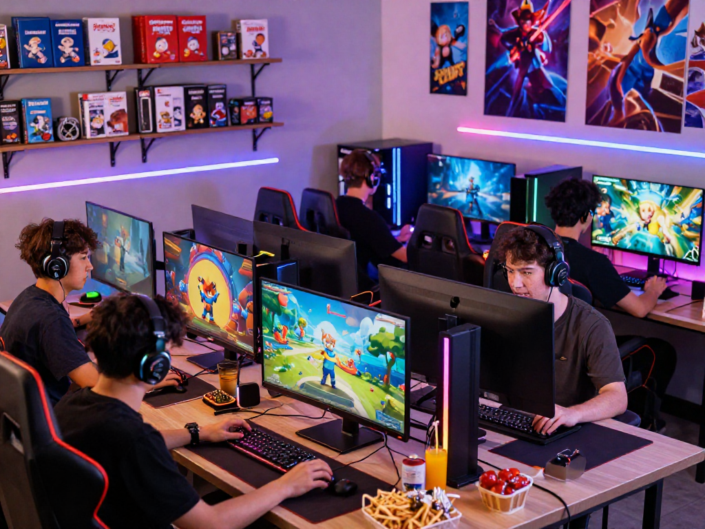 Gamers exploring a vibrant selection of popular online games on ROKOK88, showcasing excitement and engagement.