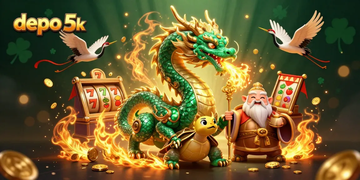 Win big with depo 5k in this vibrant slot-themed casino illustration.