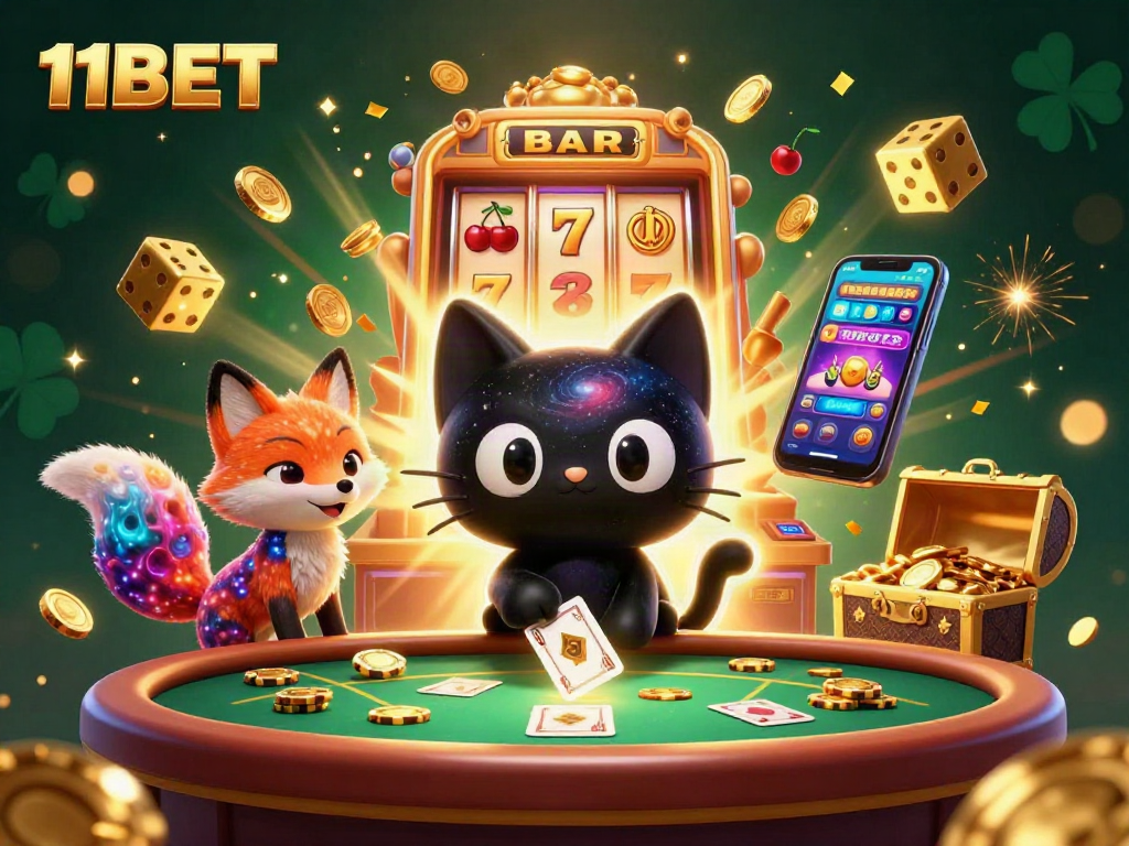 Experience 11BET's thrilling casino vibe with a dynamic cosmic scene, featuring playful characters and gambling elements.