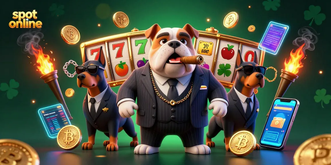 Menangkan jackpot dengan slot online di ilustrasi kasino dengan karakter mafia dan elemen slot.